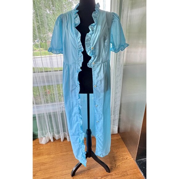Vintage 1980s robe, baby blue, ruffled edges & trim, short puff sleeves - Picture 7 of 8